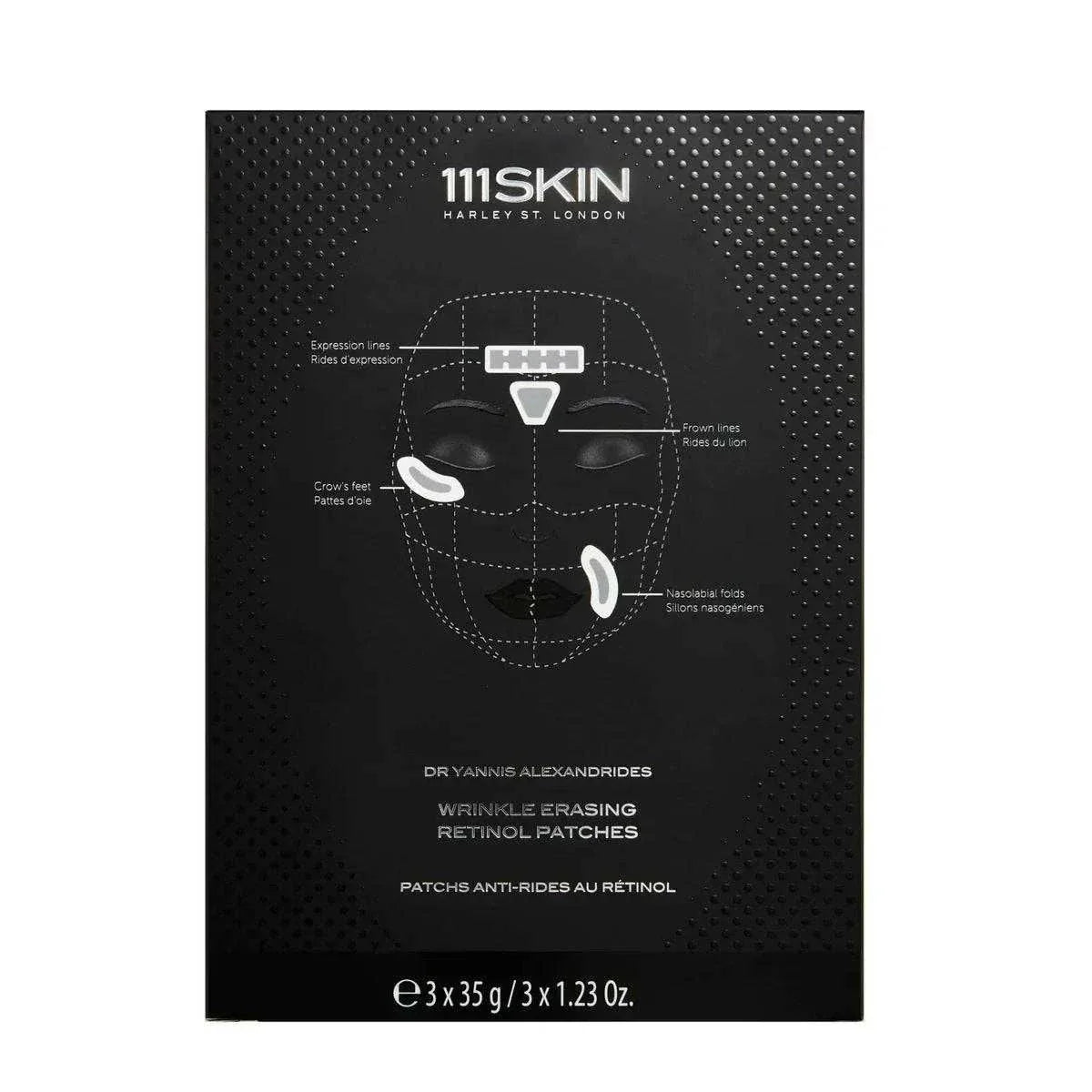 111SKIN black packaging box for Wrinkle Erasing patch with white diagram showing patch placement on facial areas