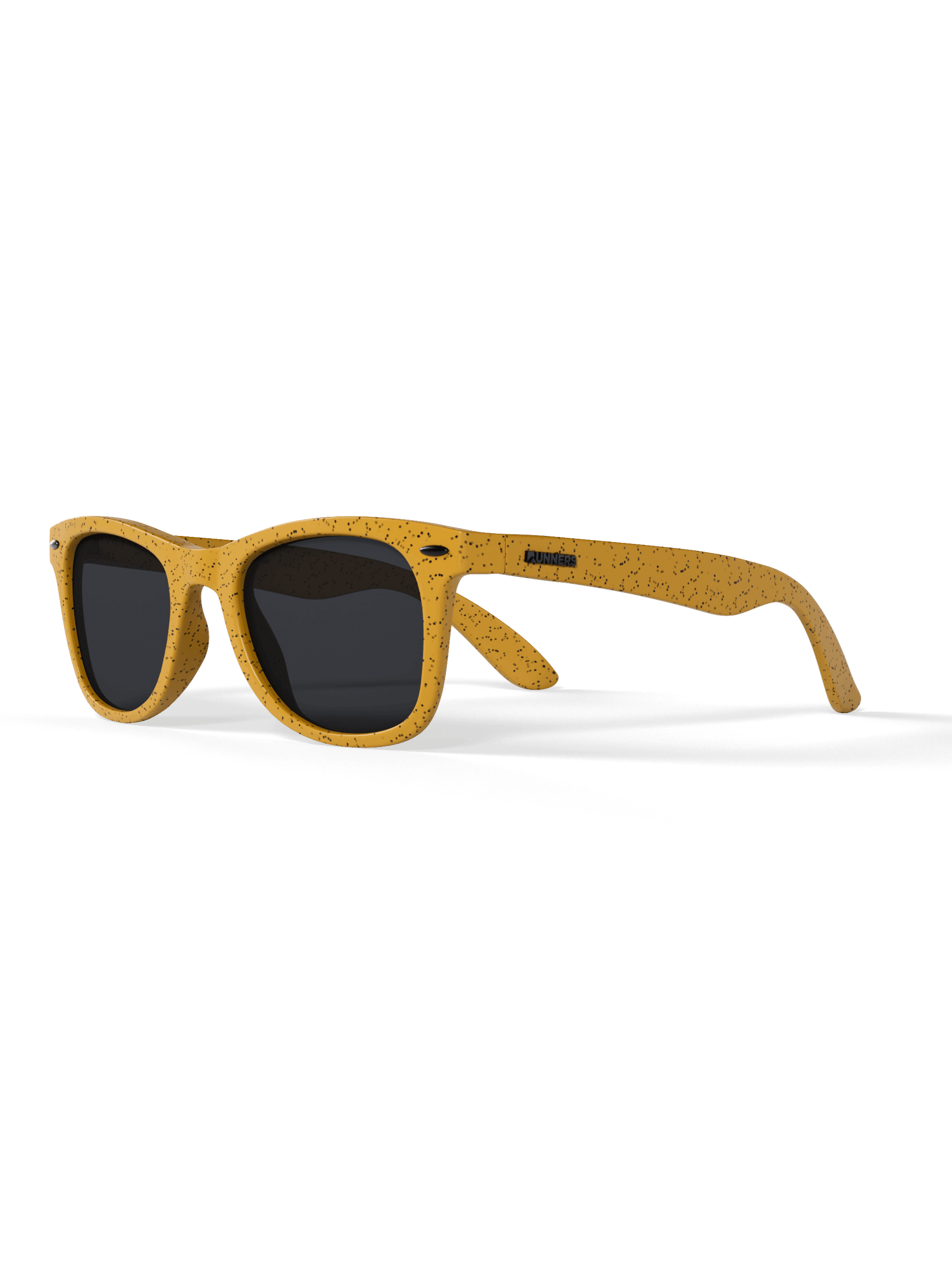 Yellow Square Sport Sunglasses with a speckled mustard-yellow frame, dark lenses, and curved sport-style temples