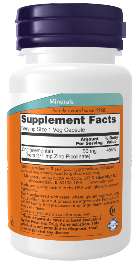 Zinc Picolinate 50mg supplement bottle supporting enzyme and immune functions